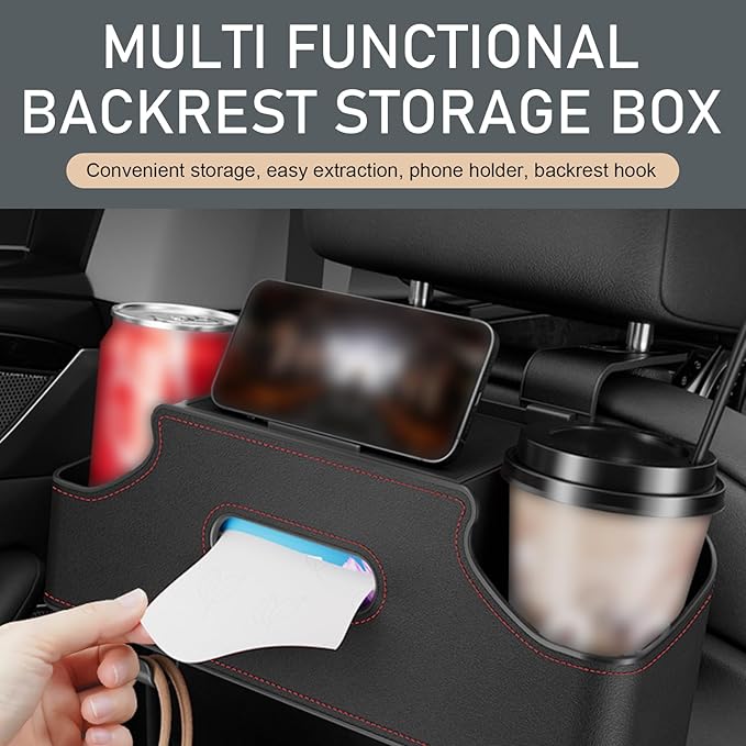 1 PC Car Seat Back Organizer, Car Back Seat Multi-Function Storage Box with 2 Drink Cup Holders, 11.42" x 3.35" Leather Tissue Organizer, Universal for Most Cars, Trucks, SUVs (Black)