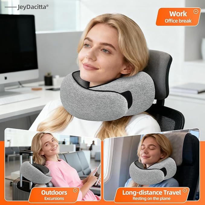 Premium Travel Pillow, Upgraded Memory Foam Neck Pillow, 360° Ergonomic Design Airplane Pillow Travel Pillows for Airplanes, Cars, Offices, Home Use, Ideal for Adults and Kids (Light Gray)