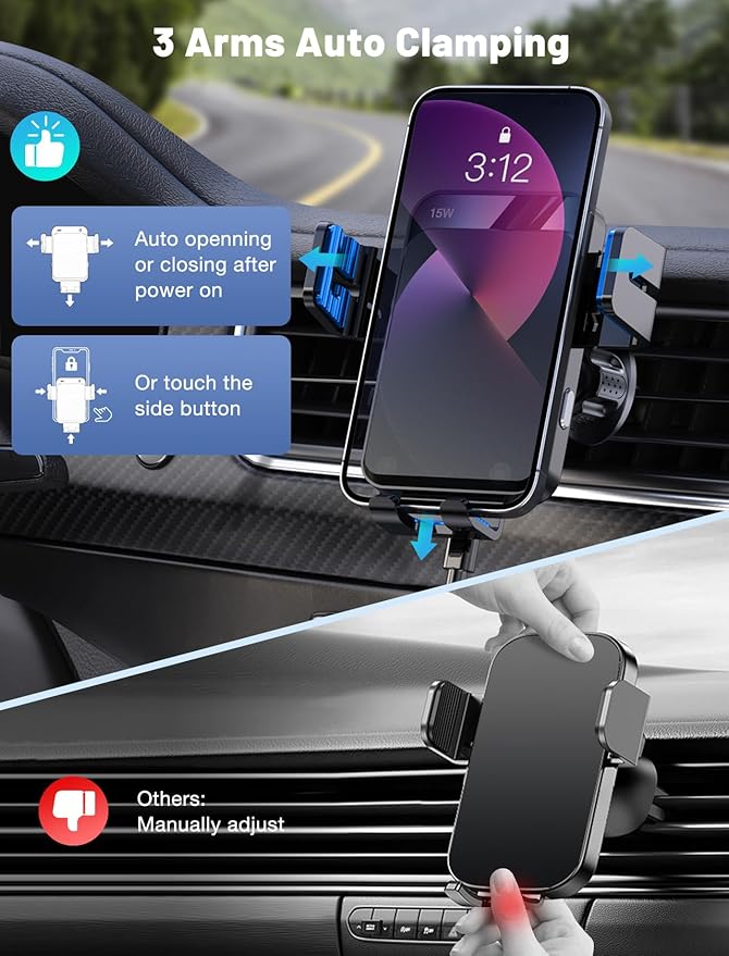 Wireless Car Charger, MOKPR Auto-Clamping Car Mount 15W/10W/7.5W Fast Charging Air Vent Car Phone Mount Compatible with iPhone 16 15/14/13/13 Pro/12 Pro Max/12 pro/12/11/10/8 Series, Samsung Galaxy