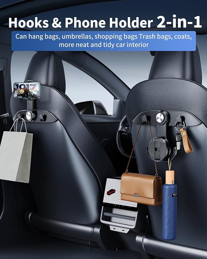 1 Pack Car Seat Hooks & Phone Mount for Tesla Model Y(Juniper) Model 3(Highland) Accessories 2026 2025 2024 2023 2022 2021, Multifunction Clip Phone Holder| Car Seat Back Storage Hook Purse/Bag