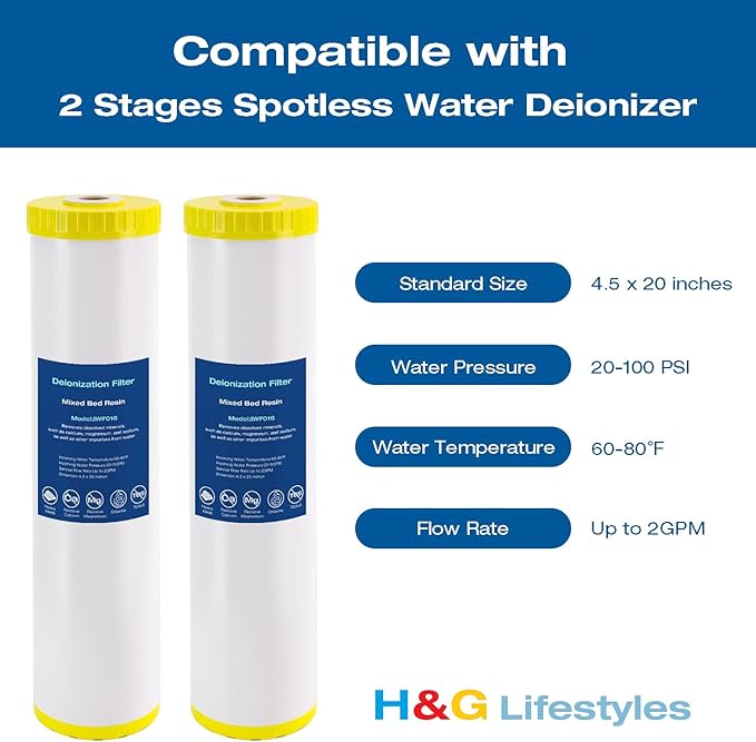H&G lifestyles 4.5 x 20 Deionization Filter,Water Deionizer for Car Washing, Spotless System DI Water Mixed Bed Resin Refill Replacement 0 TDS Deionized Water Filter 500 Gallons
