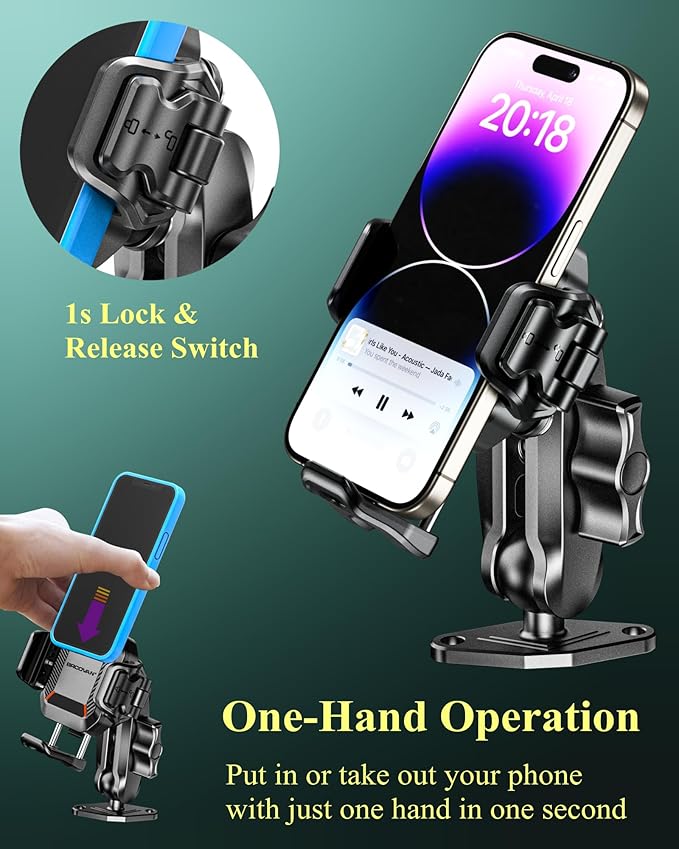 BRCOVAN Anti-Theft Phone Mount Holder with Vibration Dampener [Camera Friendly] [1s Lock & Release], with Aluminum Diamond Base & Medium Arm for Car Boat Truck Motorcycle UTV ATV Fit 5.4-7.2'' Phone