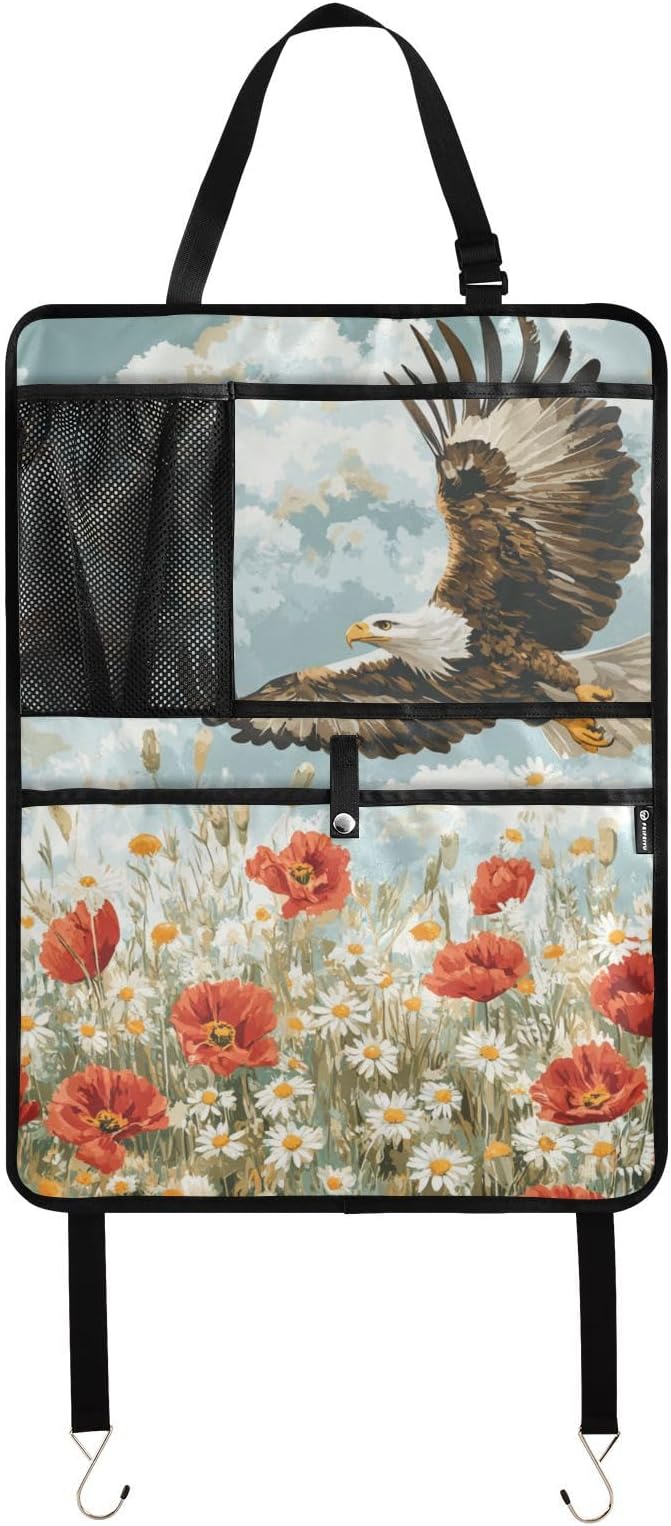 Blue Eagle Poppy and Daisy Flowers 1 Pack Backseat Car Organizer with Storage Pockets Seat Back Organizers for Kids Kick Mats Backseat Protector Automotive