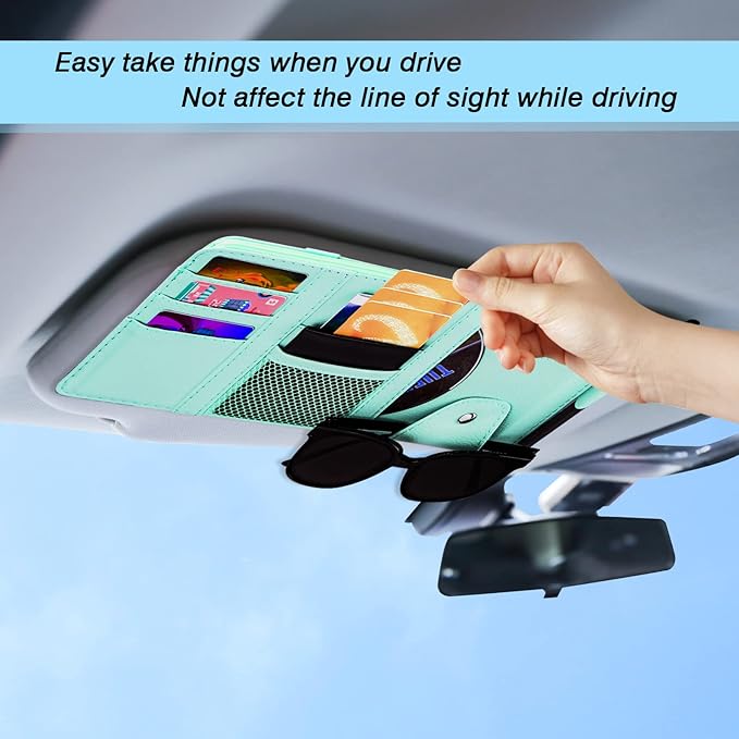 Car Sun Visor Organizer, Leather Pocket Organizer Sunglass Holder for Car Interior Accessories with Multi-Pocket Net Zipper (Blue)