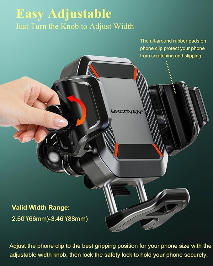 BRCOVAN Anti-Theft Phone Mount Holder with Vibration Dampener [Camera Friendly] [1s Lock & Release], with Aluminum Diamond Base & Medium Arm for Car Boat Truck Motorcycle UTV ATV Fit 5.4-7.2'' Phone