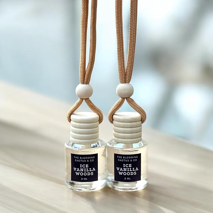 Car Air Hanging Fragrance Oil 2 Pack, Auto Freshener, Essential Oil Diffuser for Cars, Long Lasting Aroma Women Gift, Made in USA, Odors Eliminator, Interior Decor | ICED VANILLA WOODS - 8 ML