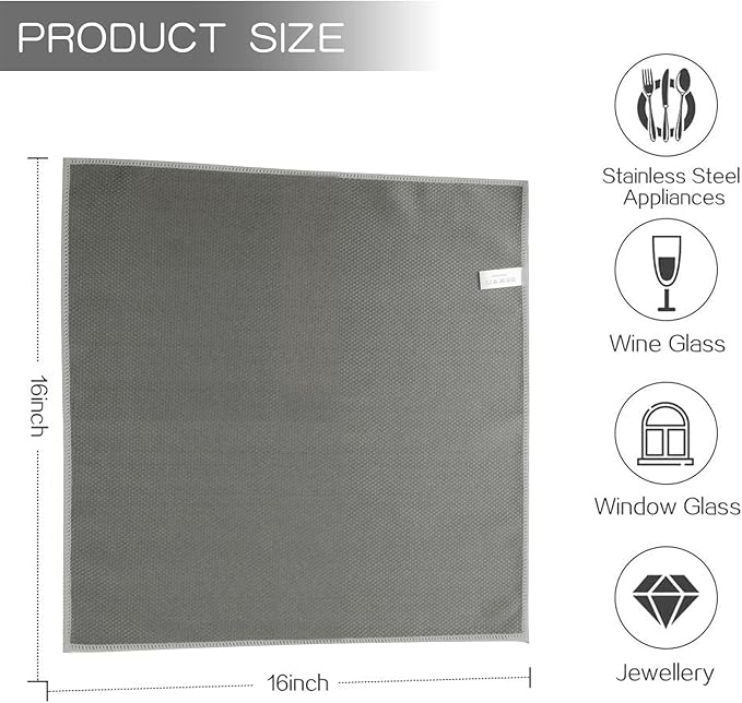 SINLAND Microfiber Glass Cleaning Cloth for Window, Car Windows, Mirrors, and Stainless Steel, Lint Free, Streak Free, 6-Pack, 16x16 Inch Grey