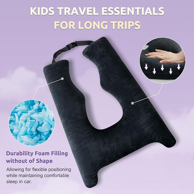 Car Pillow for Kids, Travel Pillow with Adjustable Strap, U-Shaped Pillow for Adults and Children to Support Head and Body Road Trip Essentials (Dark Grey)