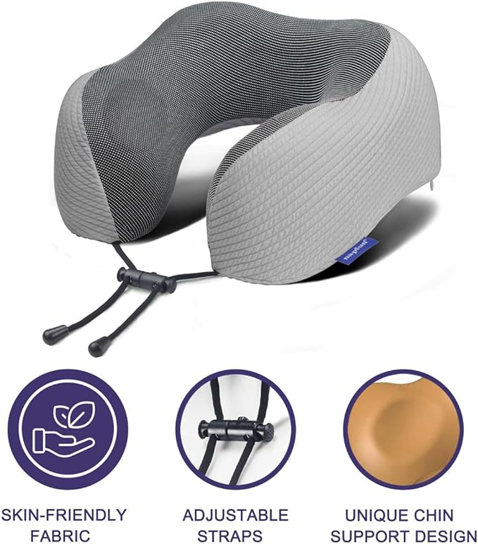 napfun Neck Pillow for Traveling, Upgraded Travel Neck Pillow for Airplane 100% Pure Memory Foam Travel Pillow for Flight Headrest Sleep, Portable Plane Accessories, Striped Light Grey Set