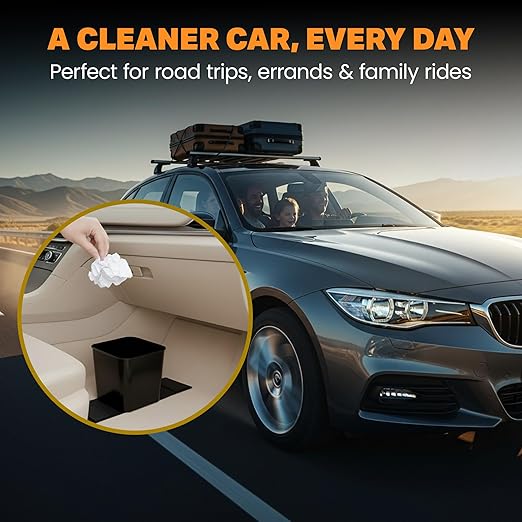 Car Trash Can Leakproof Compact Garbage Bin w/ Stability Flap, Anti-Slip Base, Portable Trash Holder for Cars, Trucks, SUVs, Minivans, Auto Organizer with Trash Bags (Black with Flap, Small)