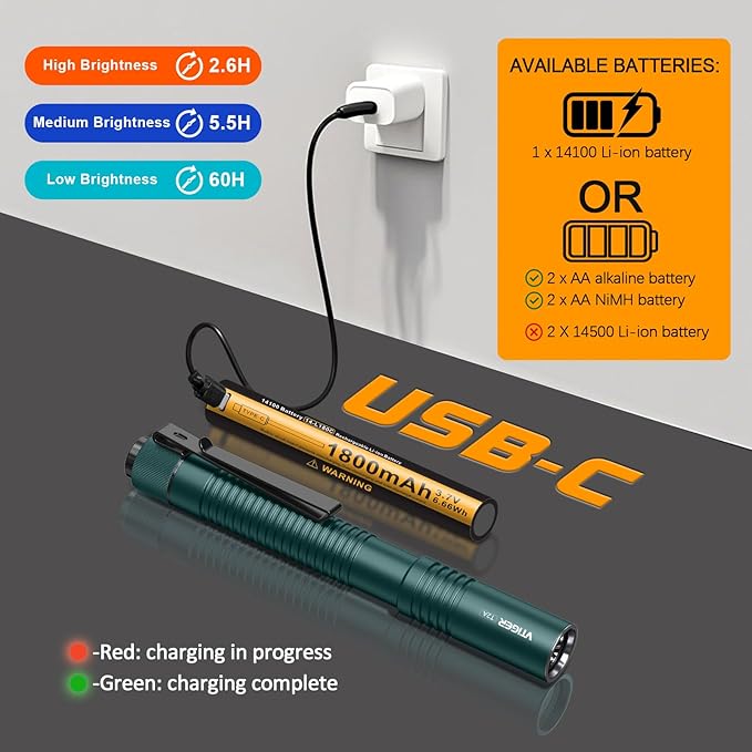 VTIGER T2A Compact EDC Flashlight,1500 High Lumens AA Rechargeable LED Flashlight, Super Bright Small Tactical Tail Switch Pocket Flash Light with Magnet for Camping,Hiking,Outdoor,Home,Emergency