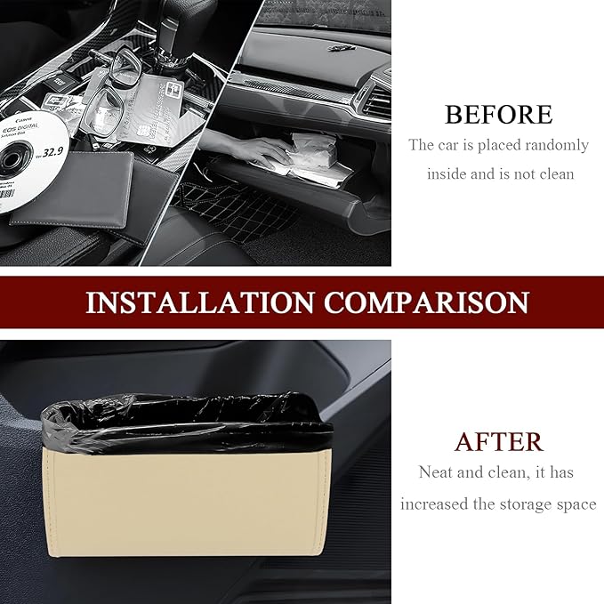 Hovom Car Trash Can, Leather Waterproof Automotive Garbage Can with Trash Bag, Hanging Mini Vehicle Trash Bin, Small Auto Door Organizer Storage Pouch, Universal Car Accessories (Beige)
