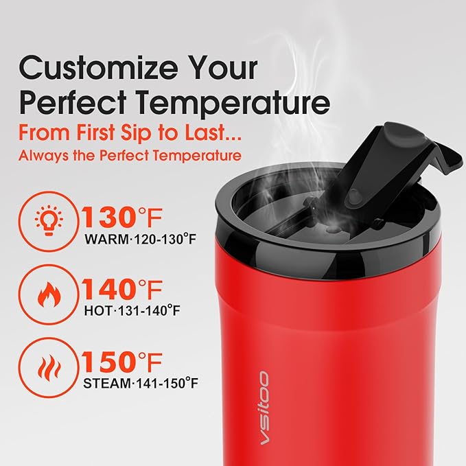 VSITOO S5 heated travel mug,16oz, Auto-Sensing AI Heats Drinks To 120-150°F Hands-Free. Temperature Control for All Cars, Perfect for Home/Office/Travel/Outdoor, Ideal Gift for Coffee Lovers - Red
