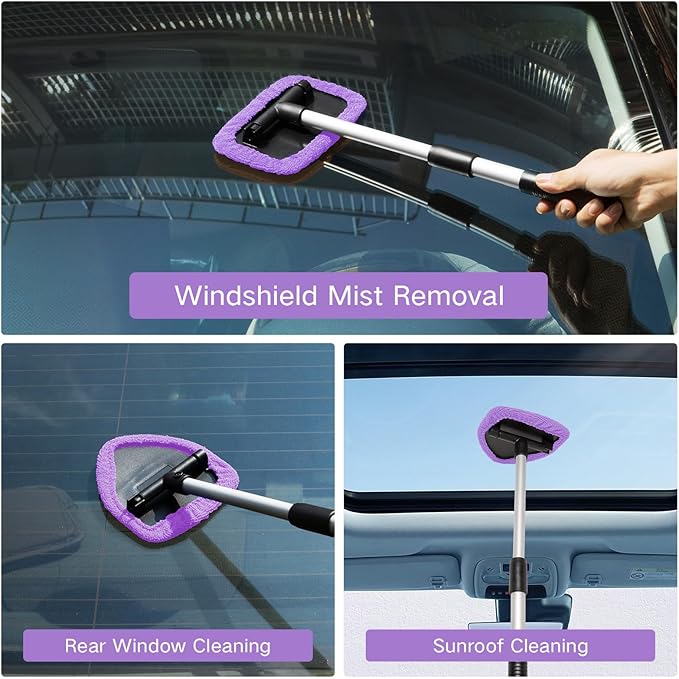 10pcs Windshield Cleaner Tool, Car Window Cleaning Wash Kit with 4 Reusable Microfiber Pads 1 Spray Bottle and Extendable Handle Auto Glass Wiper Kit, Purple