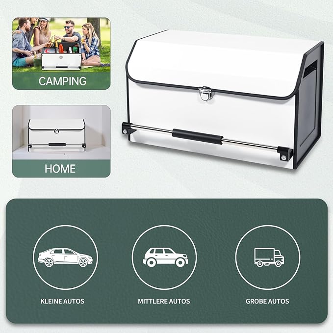 Car Trunk Organizer, Leather Collapsible Trunk Organizer for suv with Lid and Push-pull Handle Car Trunk Storage Organizer for Cars, SUV, Minivan, Truck, Sedan (White)