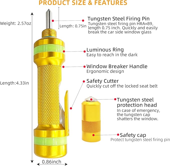Allelic Car Window Breaker Tool, Window Breaker Seatbelt Cutter, Window Breaker, Glass Breaker, Spring-Loaded Window Breaker for Land & Underwater (Gold, 2 PCS)