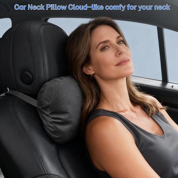 2 Pack Car Neck Pillows, PU Leather Car Headrest Support with Adjustable Strap, Ergonomic Dupont Bio Cotton Head Rest Pillow for Road Trips & Daily Commutes (Black, Soft Style)