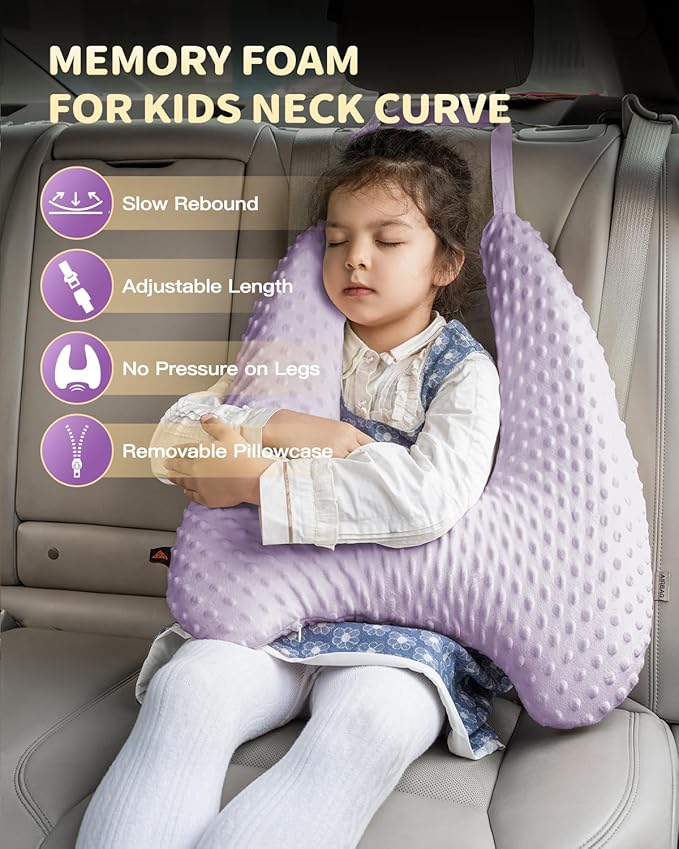Memory Foam Kids Travel Pillow, Car Pillow for Kids, H-Shape Car Pillows for Sleeping, Removable Pillowcase, Adjustable, Velvet Dots, Purple