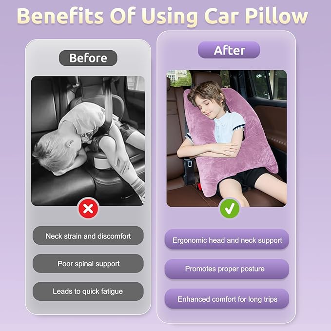 Car Pillow for Kids, Travel Pillow with Adjustable Strap, U-Shaped Pillow for Adults and Children to Support Head and Body Road Trip Essentials (Purple)