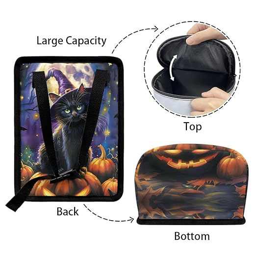 1.2 Gallons Car Trash Can with Lid, Witch Cat Halloween Vehicle Trash Can for Truck, Adjustable Hanging for Tail of Console of Seats, with Zipper Leak-Proof Lid Design, Washable Easy to Clean
