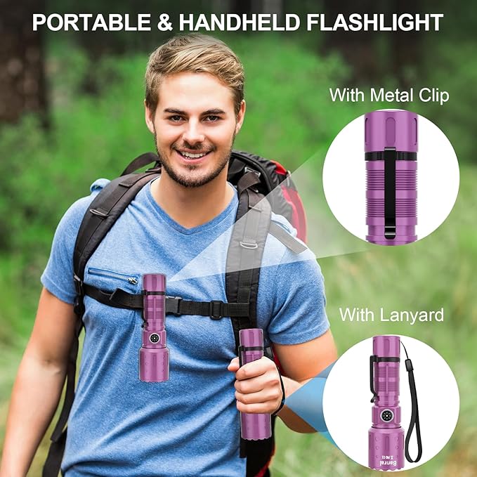 Banral Flashlights High Lumens Rechargeable, Super Bright Long Range Small Powerful Flashlight, 6 Modes LED Tactical Pocket Waterproof Flash Light for Home Emergency (2, Purple)