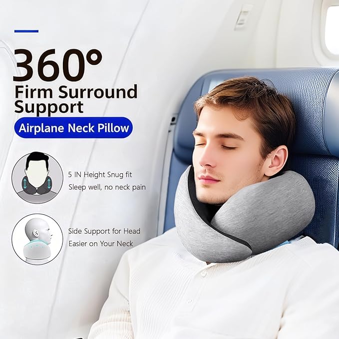 Travel Neck Pillows, Memory Foam Neck Travel Pillow for Airplanes,360° Ergonomic Design, Compact & Portable Support for Airplane, Car Rides, Office - Gray