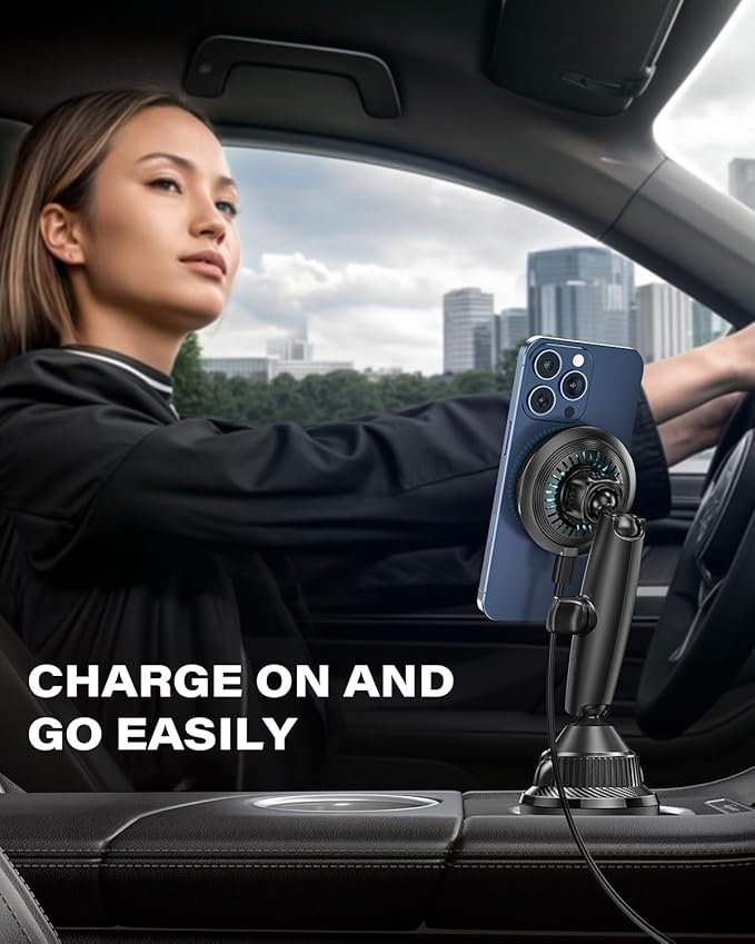 APPS2Car Upgraded for QI2 Magsafe Cup Holder Charger, Car Mount Charger 15W Fast Charging, Wireless Magnetic Cell Phone Stand with Tri-Pivot Arm for iPhone 17 Air Pro Max Plus 16 15 14 13 12