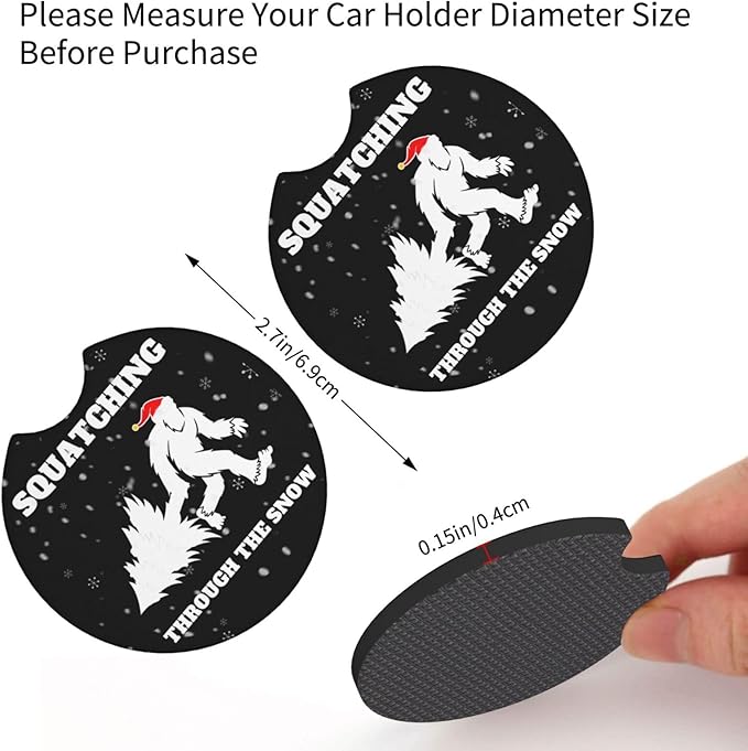 Squatching Through The Snow Bigfoot Christmas Car Coasters for Cup Holders Pack of 2 Neoprene Cup Mat Pad Vehicle Interior Accessories for Men Women