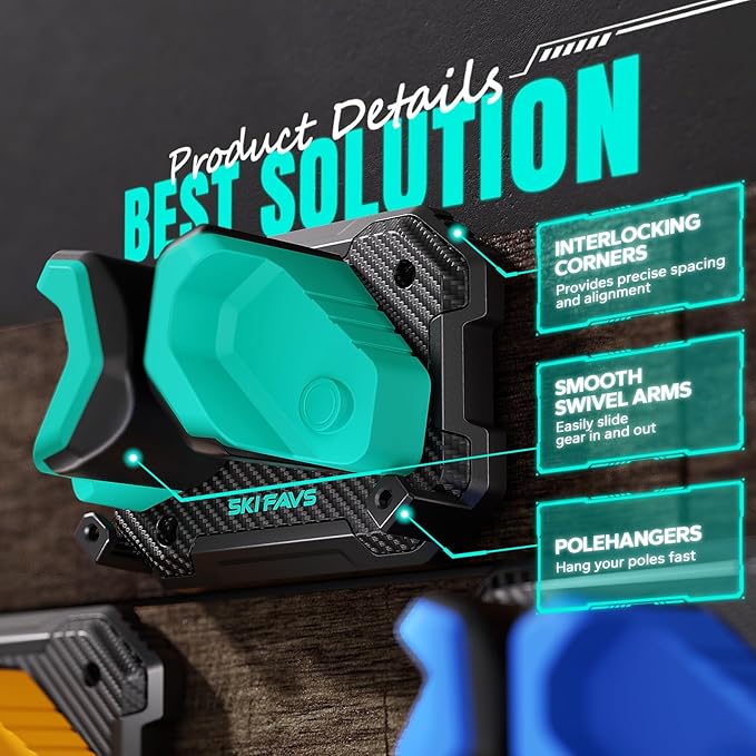 Ski & Snowboard Wall Rack for Garage Wall Fits Any Ski/board, Ski Wall Mount Holders Damage-Free Storage Rack, Garage Organization Space-Saving Winter Gear Organizer, Green, 2 Pack