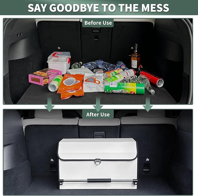 Car Trunk Organizer, Leather Collapsible Trunk Organizer for suv with Lid and Push-pull Handle Car Trunk Storage Organizer for Cars, SUV, Minivan, Truck, Sedan (White)