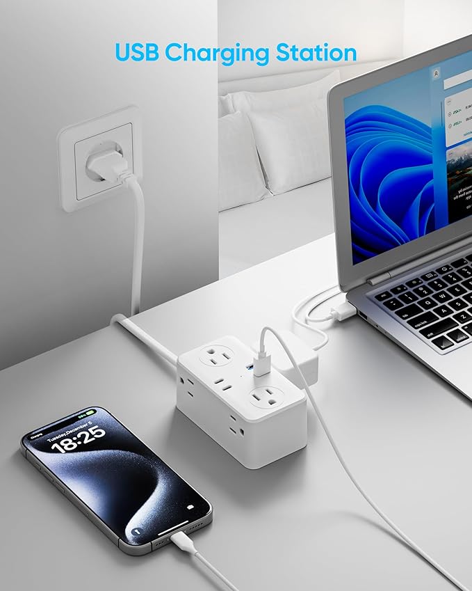 European Travel Plug Adapter, EU/UK/US Travel Adapter Power Strip, 6 AC Outlets, 20W USB C Power Delivery, 3ft Wrapped Around Extension Cord, Compact for Travel