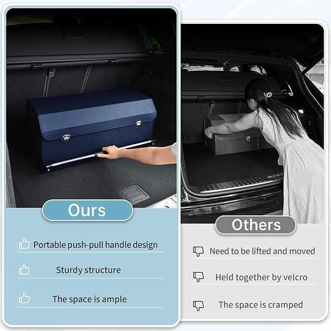 Car Trunk Organizer, Collapsible Car Storage Organizer with Lid and Push-pull Handle Leather Trunk Organizer for Suv, Truck, Minivan (Blue, 27.17 x 11.42 x 12.2in)