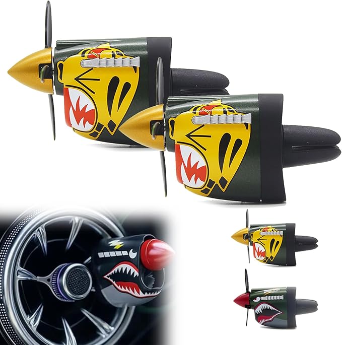P-40 Fighter Car Air Vent Decoration with Spinning Propeller, Vintage P40 Warhawk Air Freshener, Dashboard Decorations for Auto Interior Decor Gift (2 Pcs Yellow)