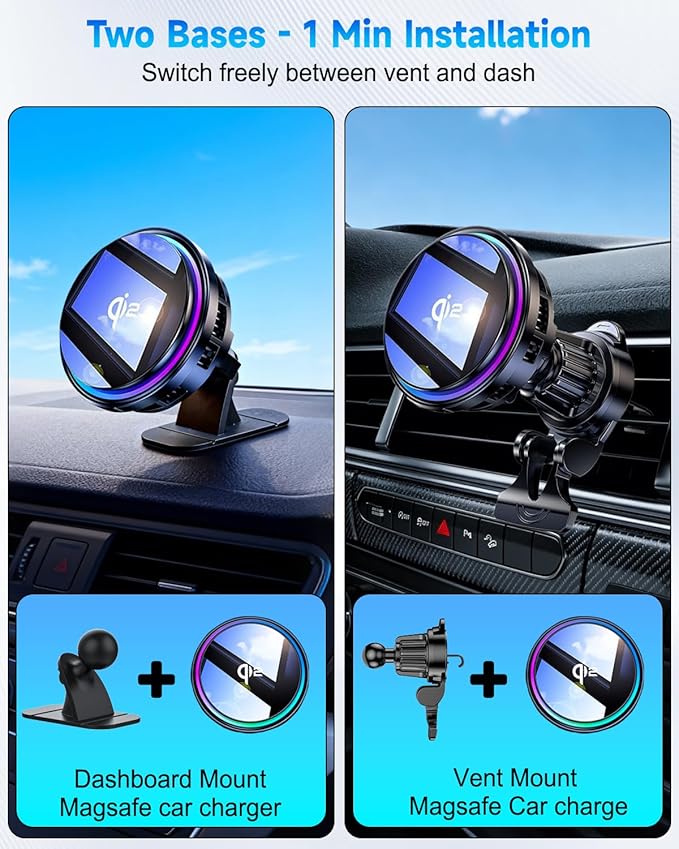 2026 Upgraded TEC & Fan Cooling Magnetic Wireless Car Charger, For Qi2 15W Magsafe Car Mount Charger, Air Vent Dashboard Fast Charging Car Phone Holder for iPhone 17/16/15/14/13/12, Samsung ＆ Pixel