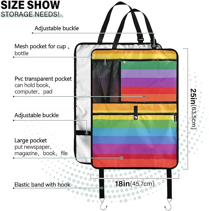 1 Pack Back Seat Car Organizer with Storage Pockets Kick Mats Back Seat Protector Hanging Car Organizer Automotive Seat Back Cover Organizers Vibrant Colorful Stripes