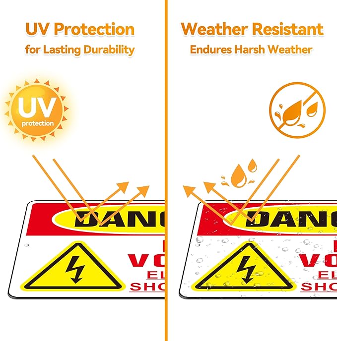 Danger High Voltage Sign, (2 Pack) Self Adhesive Aluminum Metal Electrial Shock Hazard Signs for Indoor Outdoor Use, Rust Free and Reflective Sticker (9 x 6 inches, Red/Yellow)