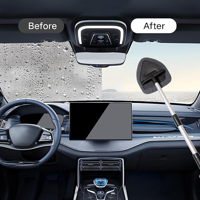 10pcs Windshield Cleaner Tool, Car Window Cleaning Wash Kit with 4 Reusable Microfiber Pads 1 Spray Bottle and Extendable Handle Auto Glass Wiper Kit, Gray