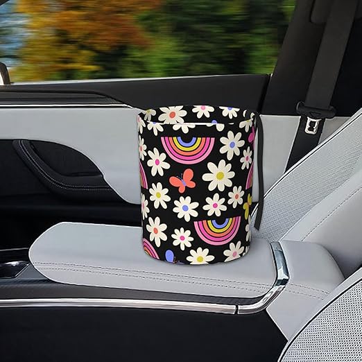 Car Trash Bag Rainbow and Flowers Waterproof Trash Small Car Can Portable Collapsible Car Garbage Can Hanging for Back Seat Floor or Hanging Headrest Car Decor Road Trip Essentials