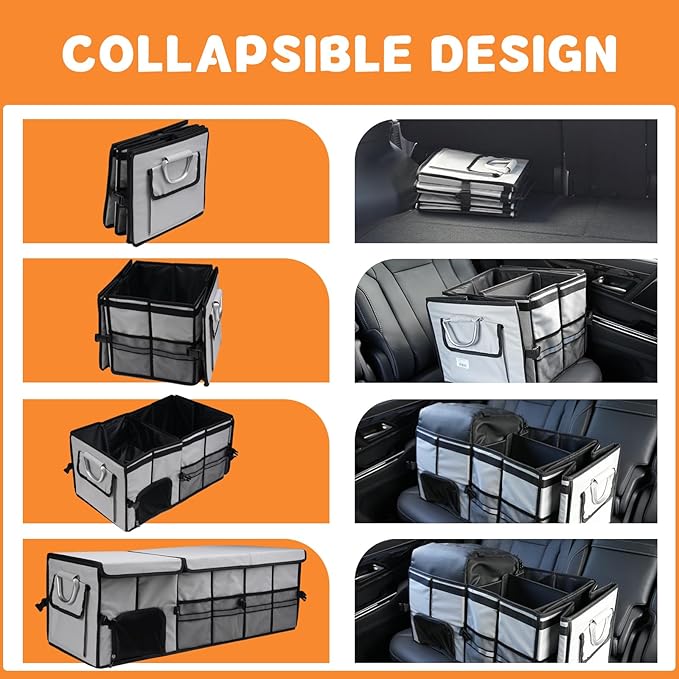 HAMOPY Car Trunk Organizer and Storage with Separate Compartment for 1 Pair of Shoes, Heavy Duty with Lid & Removable Leakproof Cooler Bag, Collapsible Large Trunk Organizers for SUV Sendan (Grey)