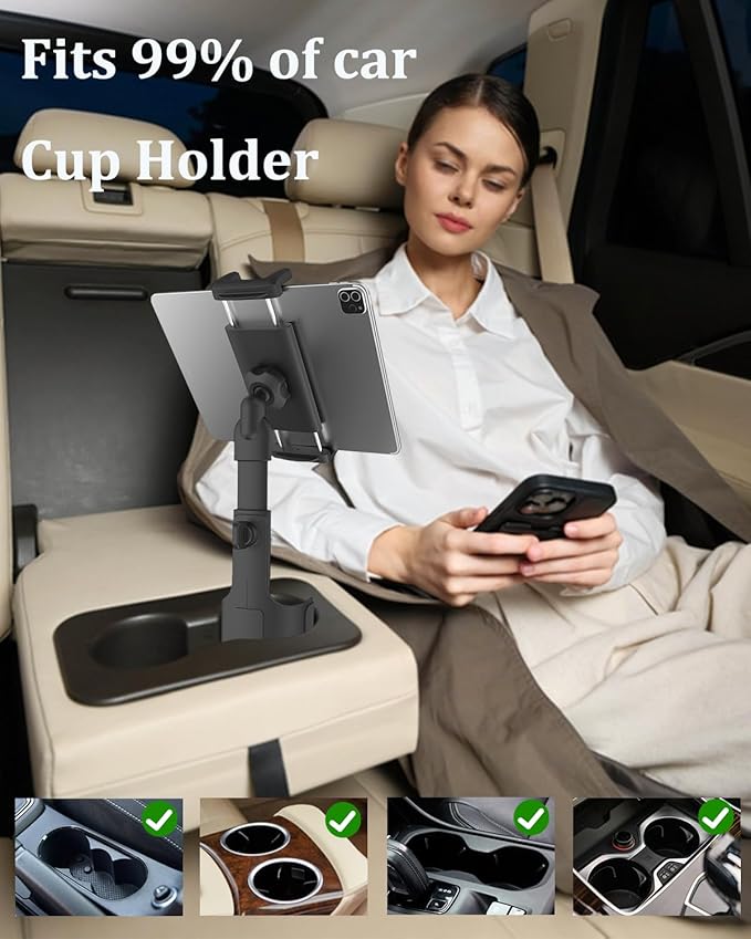 3 in 1 Car Tablet Cup Holder, Car Cup Tablet Mount for Car/Truck, Car Travel Essentials, Compatible with iPad Pro Air Mini, Fire HD, iPhone 16, Galaxy S24 Z Fold 5 or Other 4.7-12.9" Devices