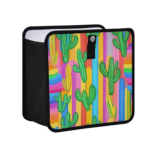 Rainbow Color Stripes and Cactus Car Trash Can Foldable Hanging Waterproof Small Automotive Garbage Cans Trash Bin Storage Bag Car Dustbin Organizer Accessories Small 8.66x8.66x5.9