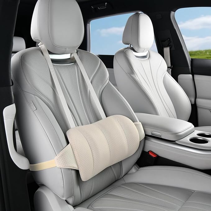 KAYI Lumbar Support Pillow for Car, Memory Foam Lumbar Pillow with Adjustable Straps, Lumbar Support Pillow for Office Chair, Back Support for Car, Sitting, Driving, Traveling (1, Beige)