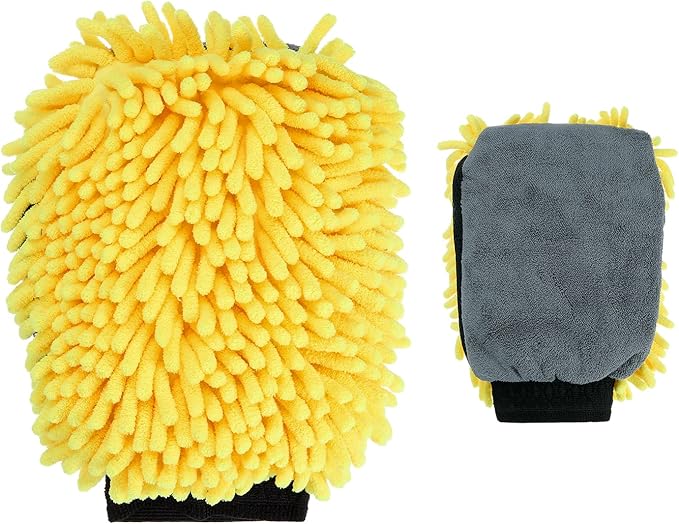 HARFINGTON Chenille Microfiber Car Wash Mitts 9.8" x 7.9" Scratch Free Wash Gloves Absorbent Double Sided Plush Cleaning Drying Mitts for Car Washing Home Clean, Yellow