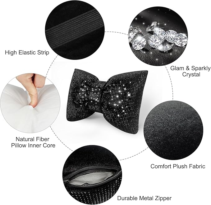 surpassme 2PCS Rhinestone Car Headrest Neck Pillow for Driving with Bling Bling Crystal Bow Pillow Car Accessories for Women (Black)