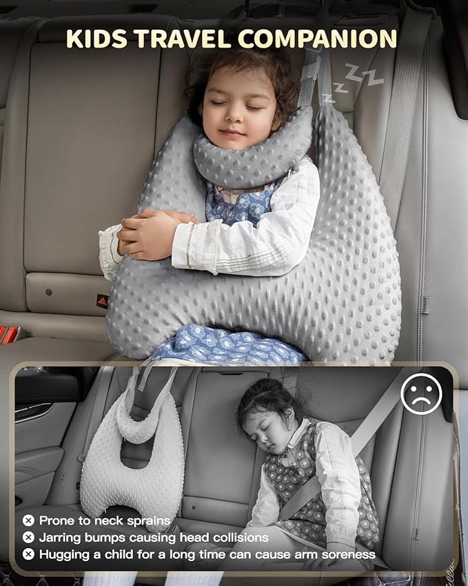 Memory Foam Kids Travel Pillow, Car Pillow for Kids, H-Shape Car Pillows for Sleeping, Removable Pillowcase, Adjustable, Velvet Dots, Grey