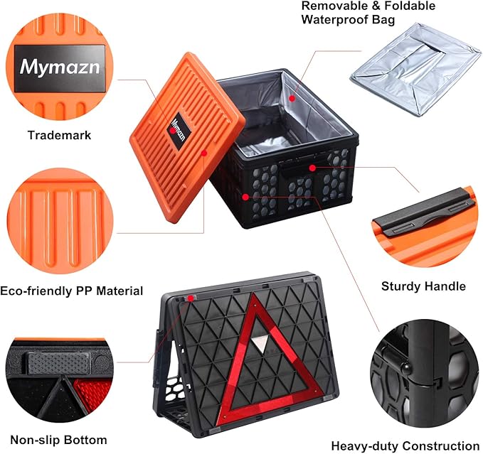 Mymazn Trunk Organizer Plastic for Car, Crate Storage Collapsible Car Organizer for SUV, Groceries, Camping | with Lid, Waterproof Bag, Optional Insulated Cooler(Orange)