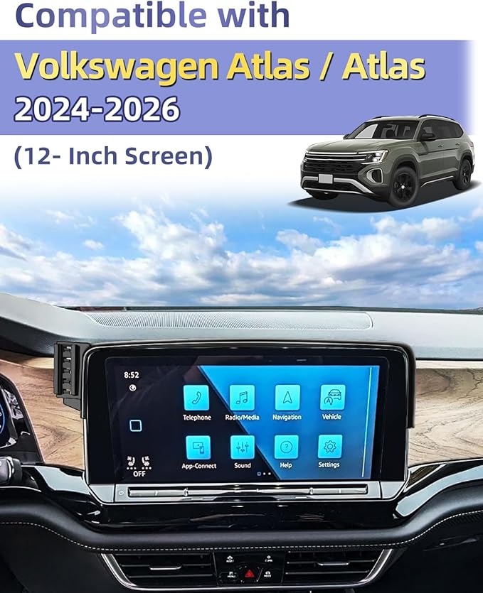 PZK Car Phone Mount for 2024 2025 2026 VW/Volkswagen Atlas/Altas Cross Sport Accessories Custom 12-inch Screen Auto Lock Car Phone HolderRotation Cell Phone Automobile Cradles Not Affect Air Vent