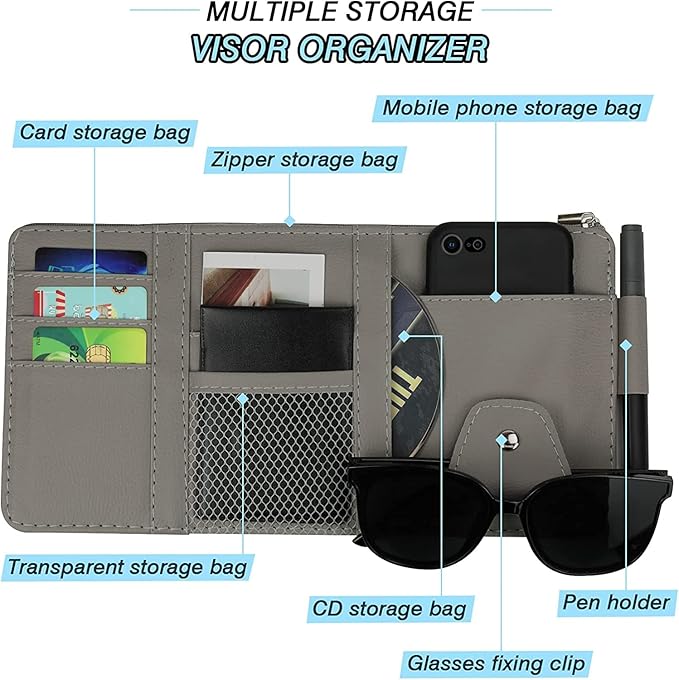 Car Sun Visor Organizer, Leather Pocket Organizer Sunglass Holder for Car Interior Accessories with Multi-Pocket Net Zipper (2 Pack Gray)