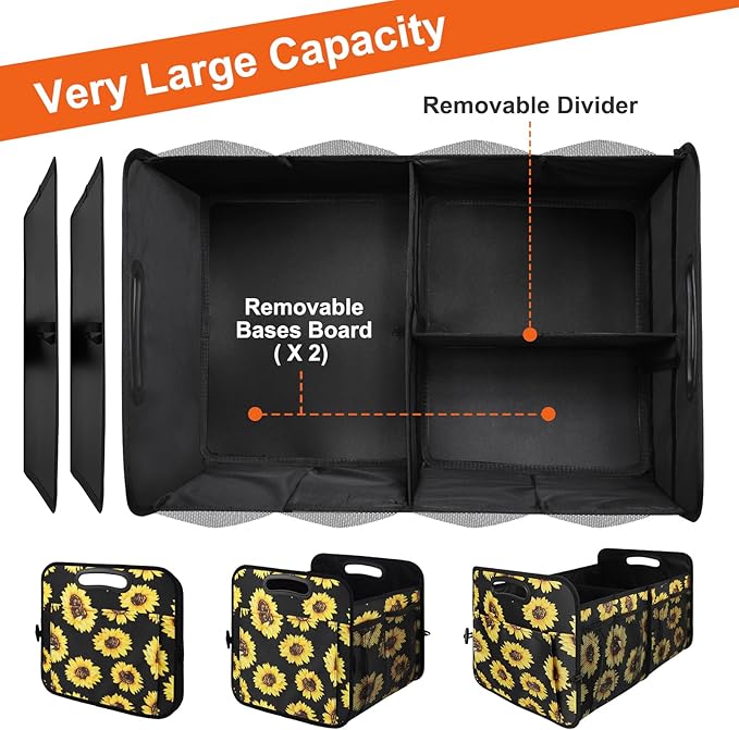 Trunk Organizer, Collapsible Trunk Organizers and Storage, Car Accessories for Women and Men, Multi-Compartment Trunk Storage Organizer for SUV, Car, Mini-Van - Sunflower