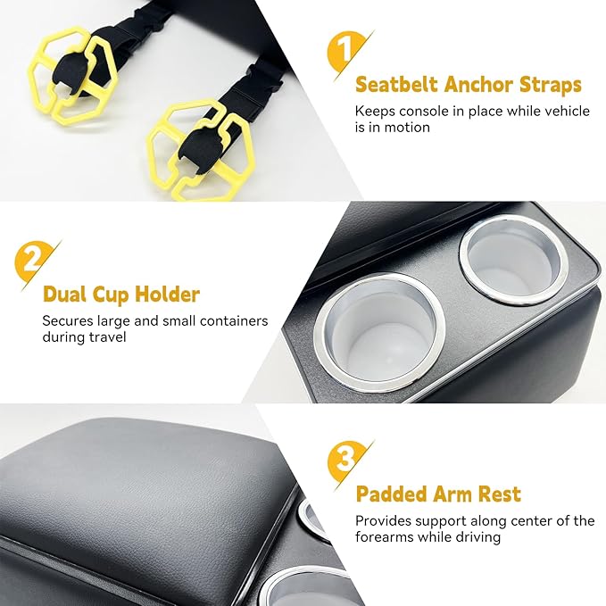 Universal Truck Seat Organizer, Black Storage Box with 2 Cup Holders, Armrest & Padded Lid for Car Organization - Fits SUV & Pickup